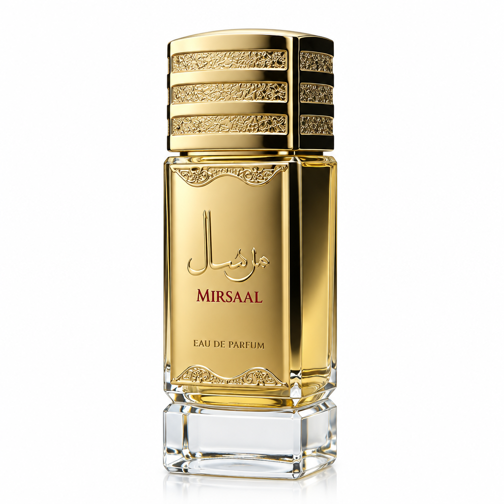 Mirsaal Eau de Parfum - flacone dorato con decorazioni arabescate