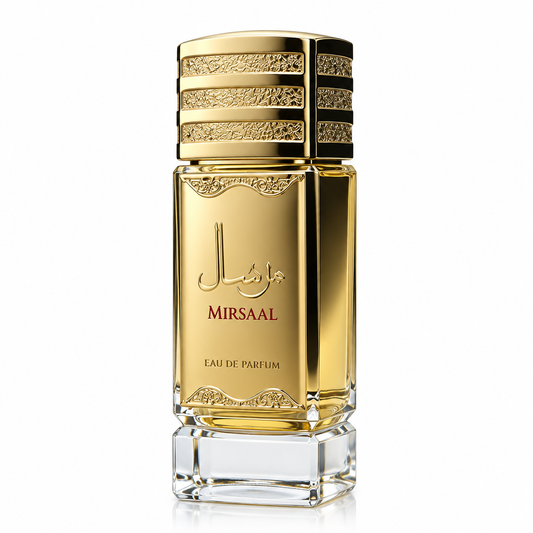 Mirsaal Eau de Parfum - flacone dorato con decorazioni arabescate
